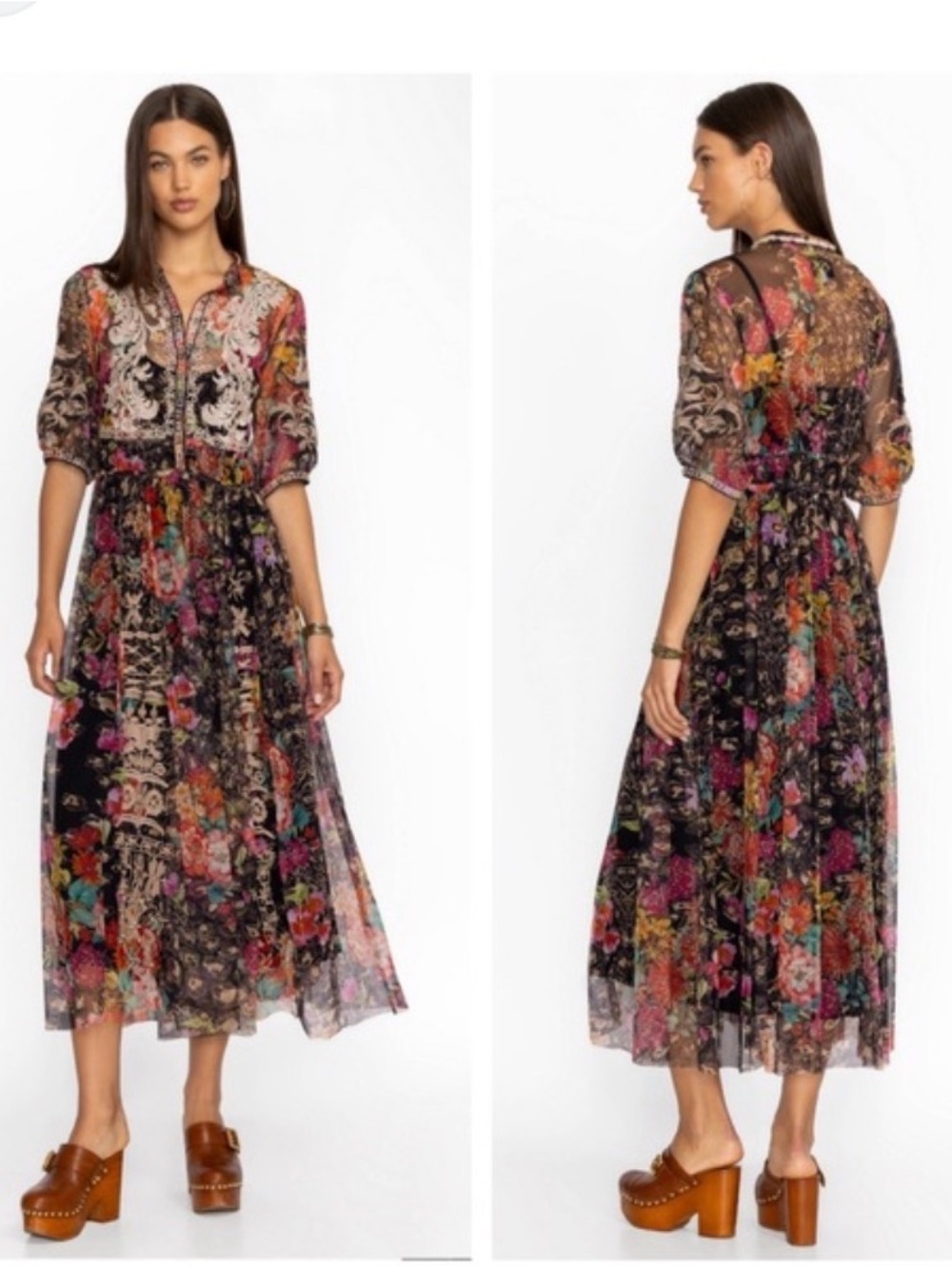 Johnny Was Mazzy Black Sheer Floral Midi Dress with White Embroidery